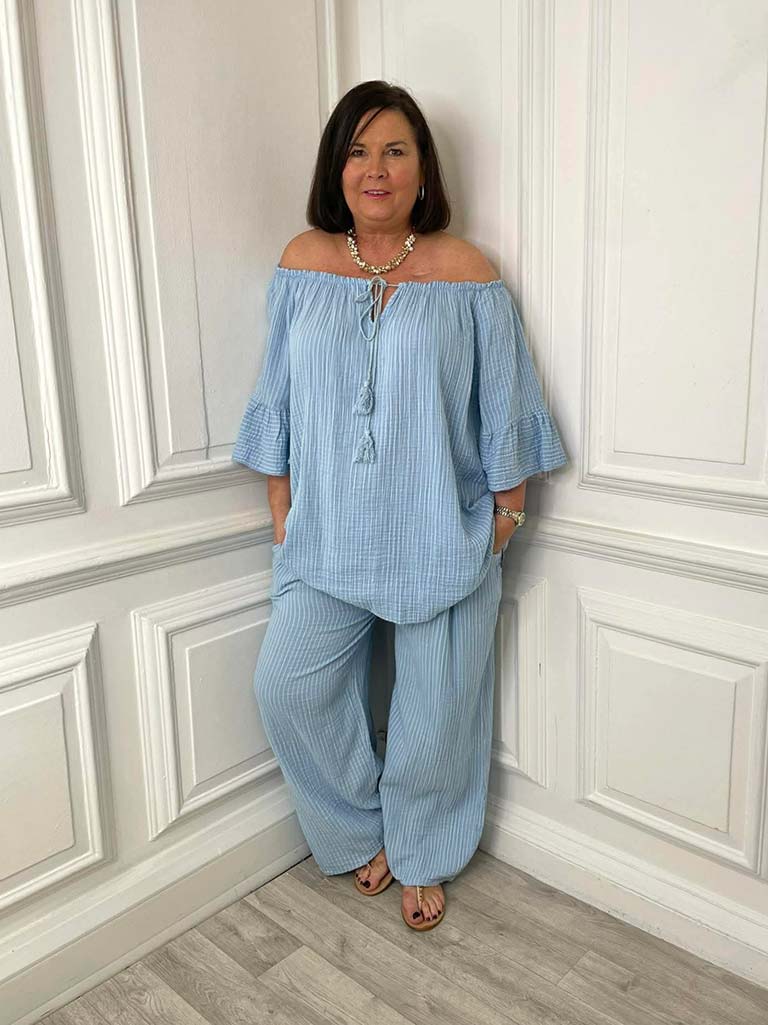 Seersucker Stripe Bardot Top - Sky