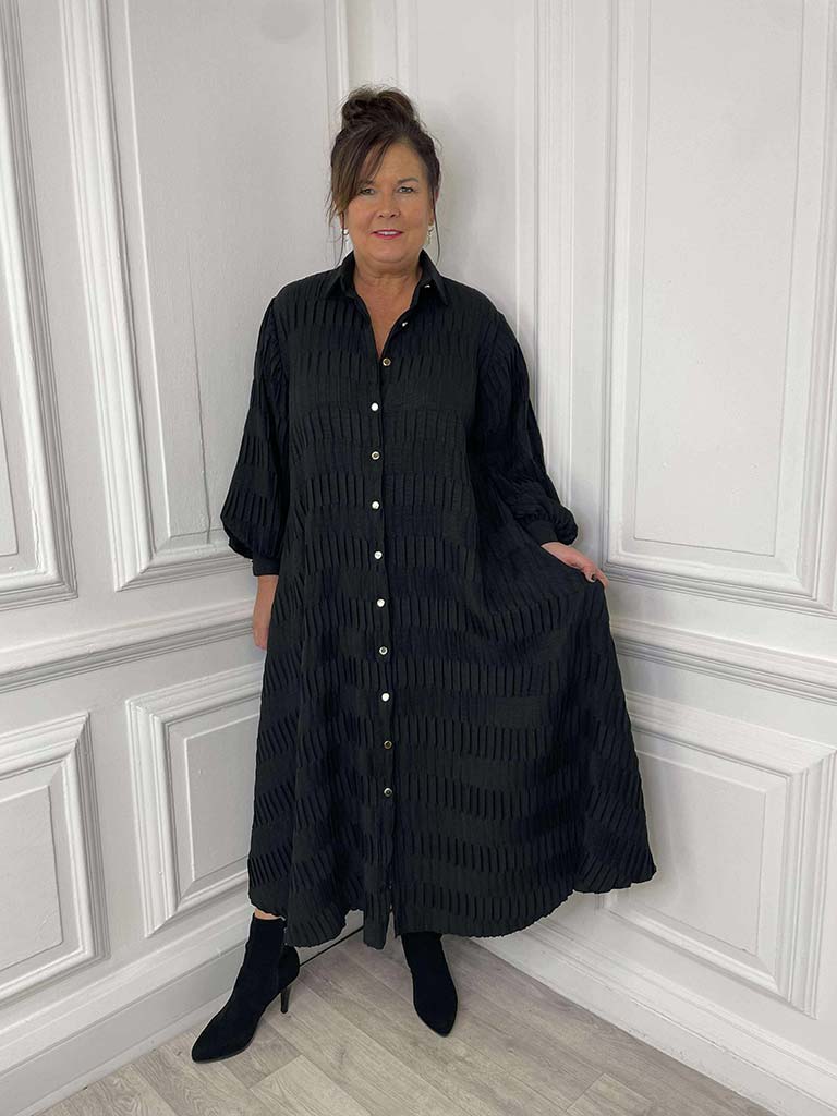 Textured Pleat Shirt Dress - Black