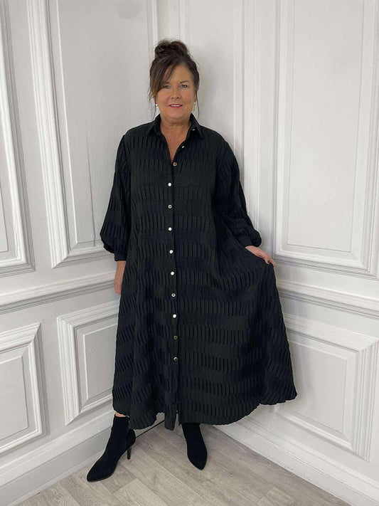 Textured Pleat Shirt Dress - Black