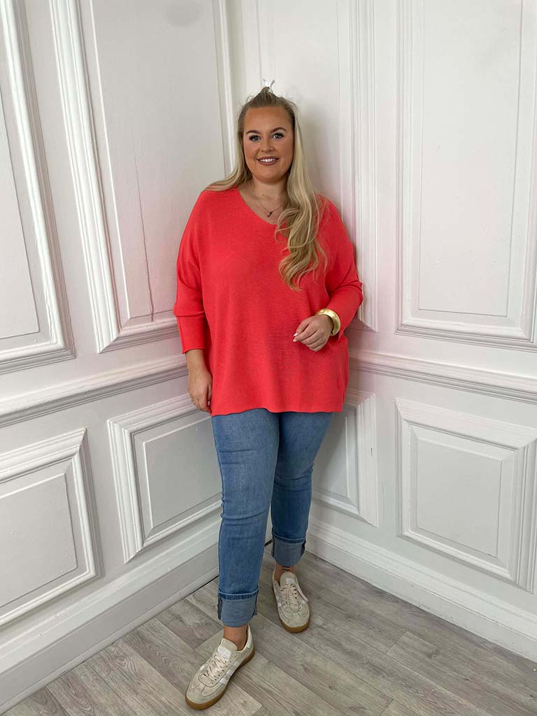 V-Neck Raw Edge Knit - Coral