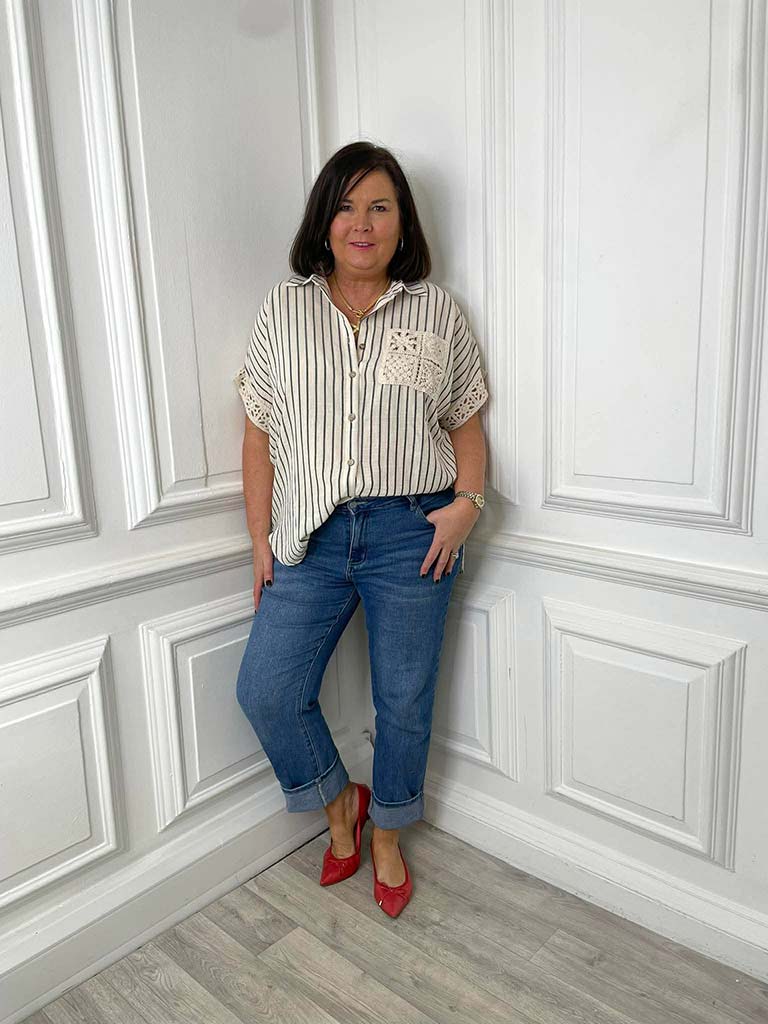 Stripe & Crochet Detail Shirt - Black