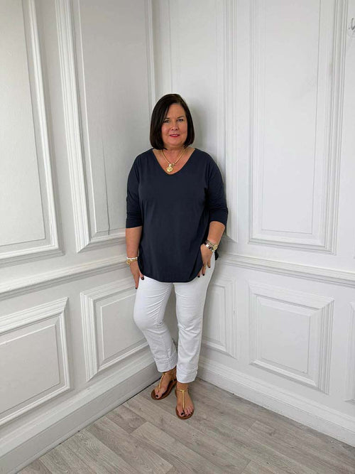 V-Neck Scooped Hem Top - Navy