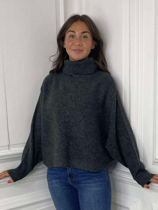 Ribbed Batwing Polo Knit - Charcoal