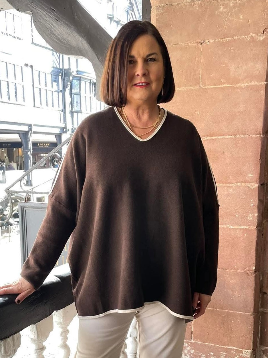 Contrast Edged V-Neck Knit - Espresso