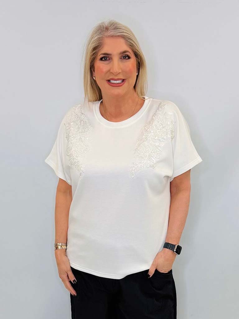 Malissa J Floral Embellished Top - Warm White