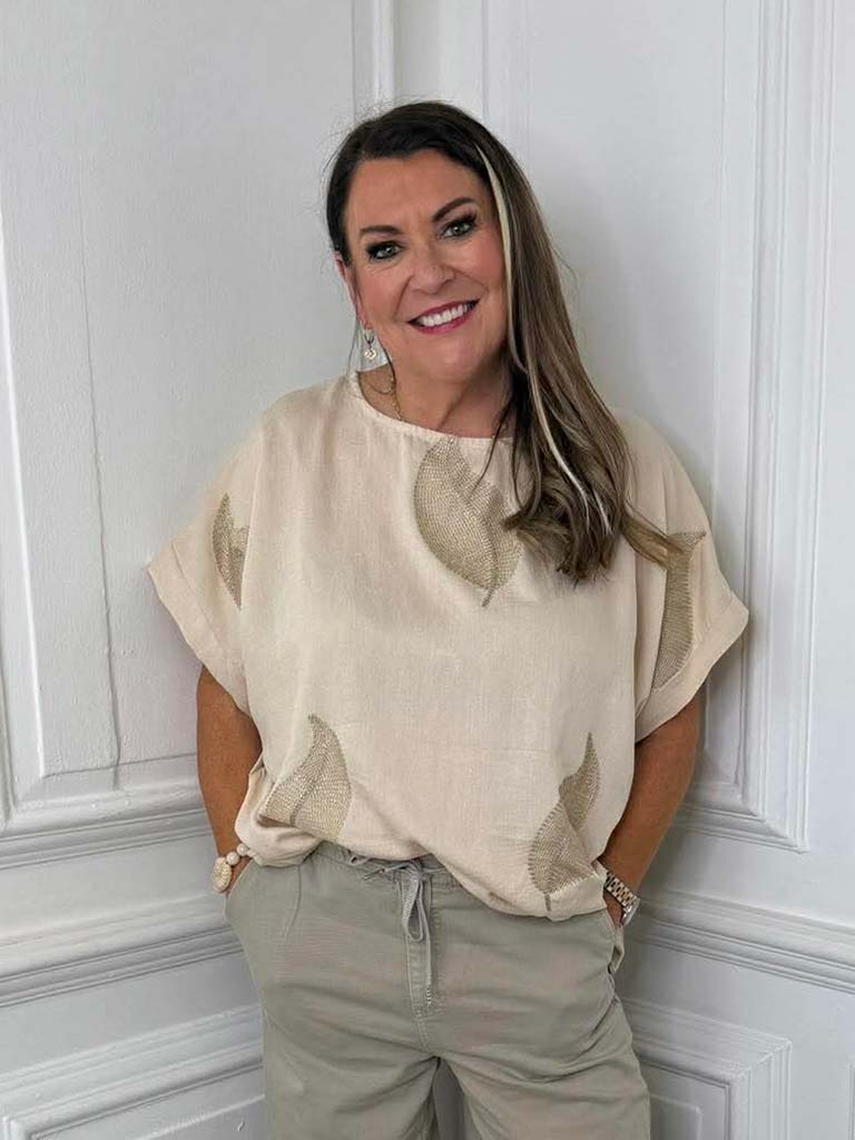 Embroidered Gold Leaf Top - Stone