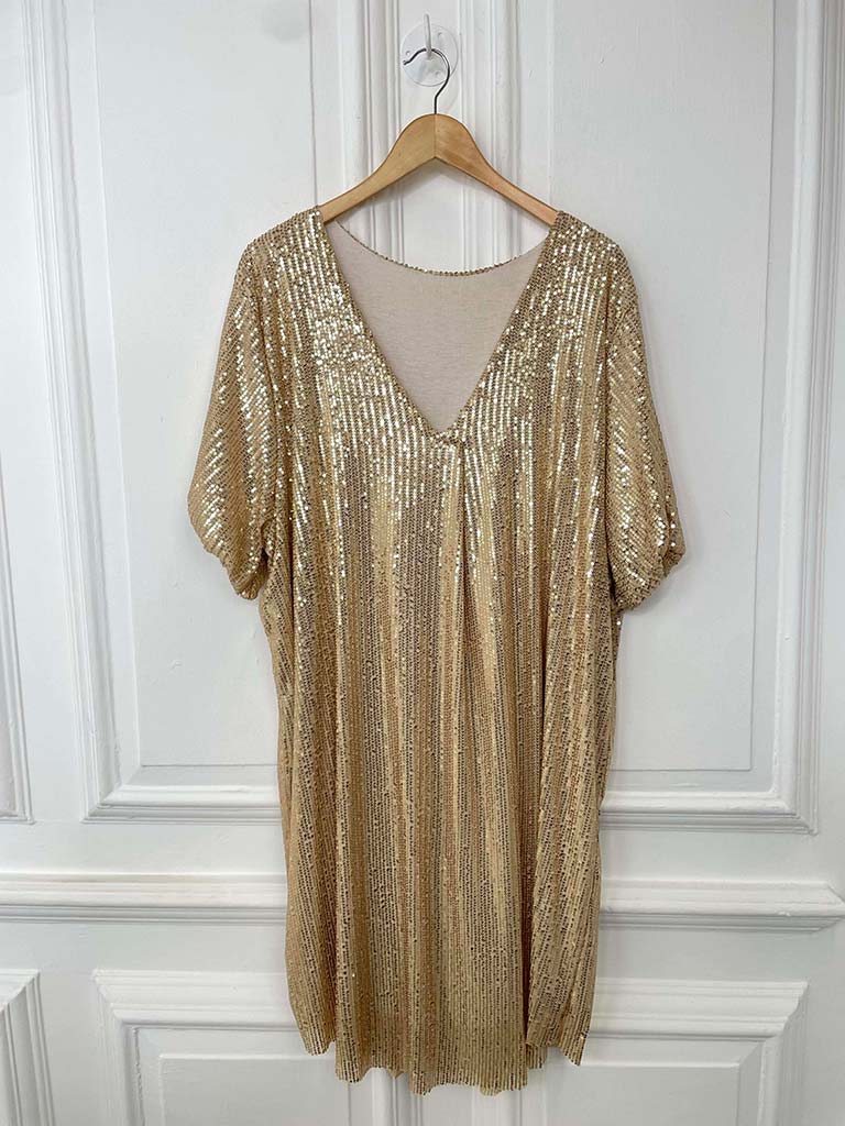 Sequin V-Neck Dress - Gold