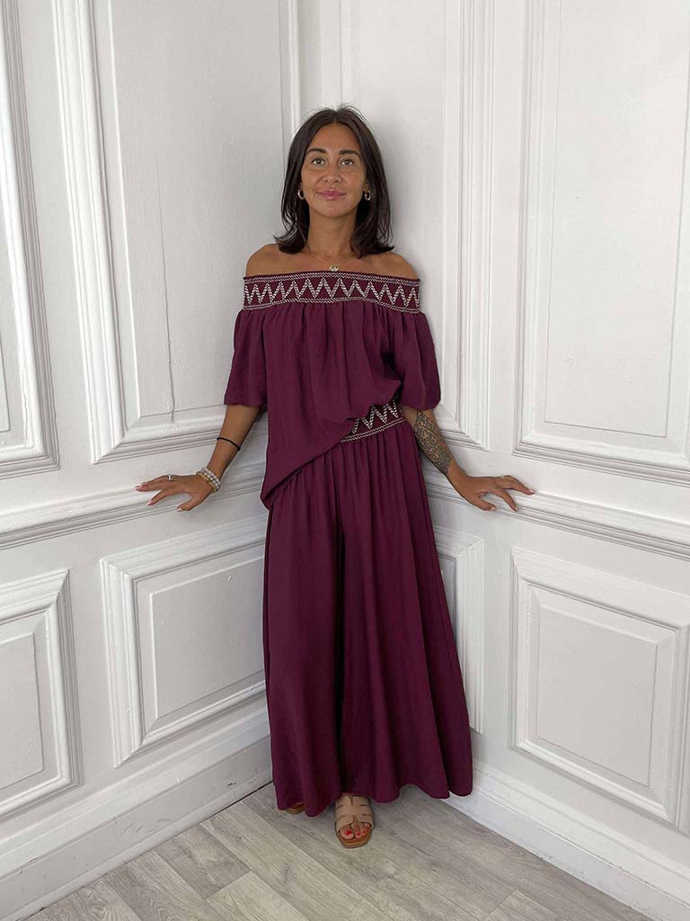 Embroidered Palazzos - Burgundy