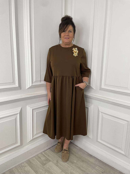 Gold Brooch Smock Midaxi Dress - Fudge