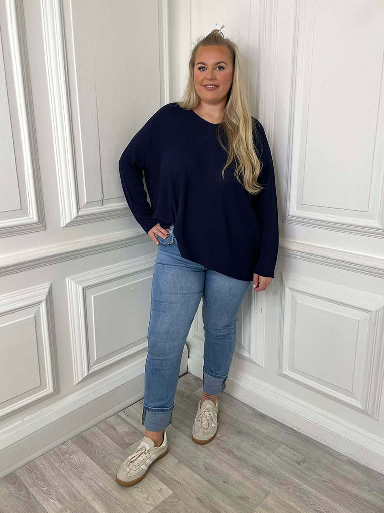 V-Neck Raw Edge Knit - Navy