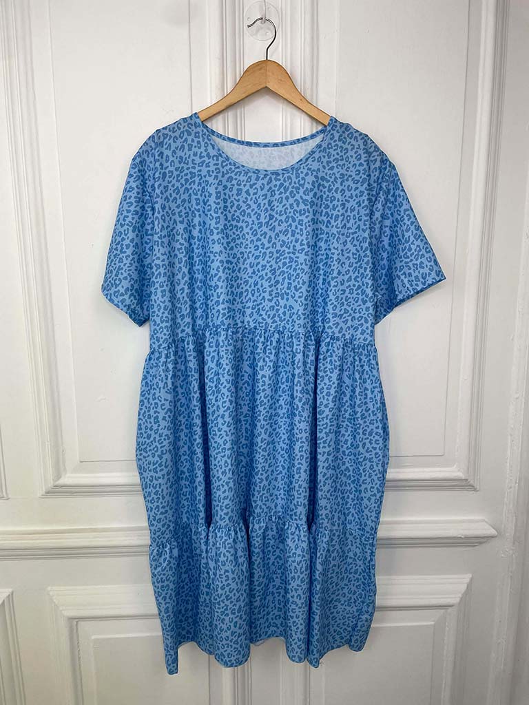 Leopard Print Tiered Smock Dress - Aqua