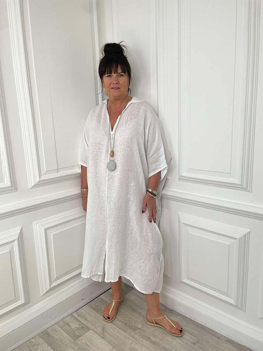 Collared Linen Dress - White