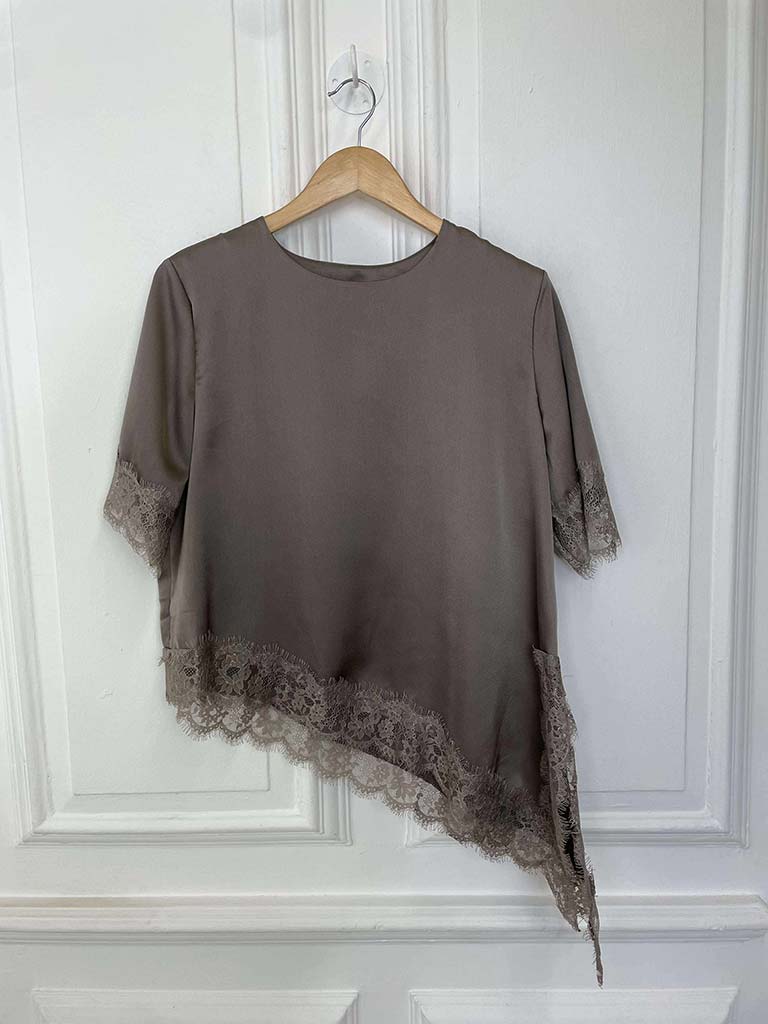 Lace Trim Asymmetric Top - Mocha