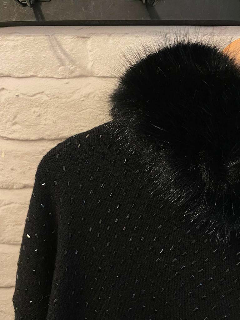 Malissa J Embellished Faux Fur Hoodie - Black