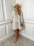 White gold sequin kaftan dress with relaxed styling, paired with casual hat and woven bag for modern womens fashion everyday . - Gold Sequin Kaftan Dress - White