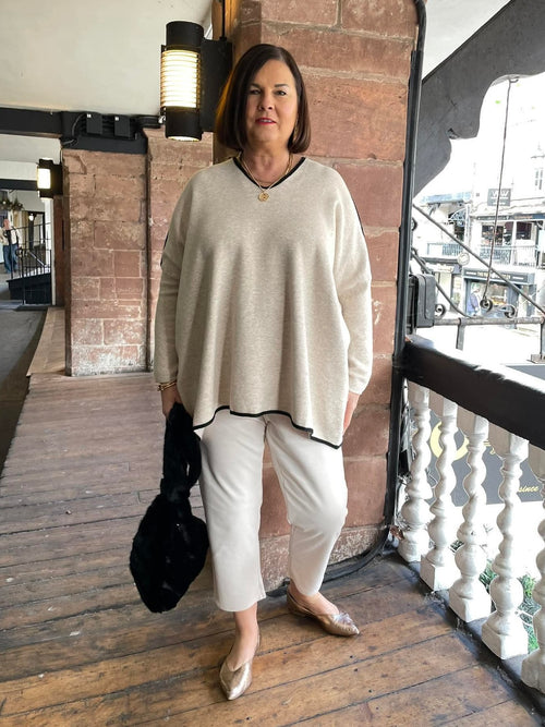 Contrast Edged V-Neck Knit - Stone Marl