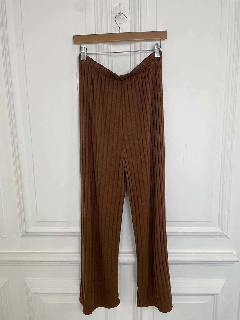 Ribbed Knit Wide Leg Trousers - Tan