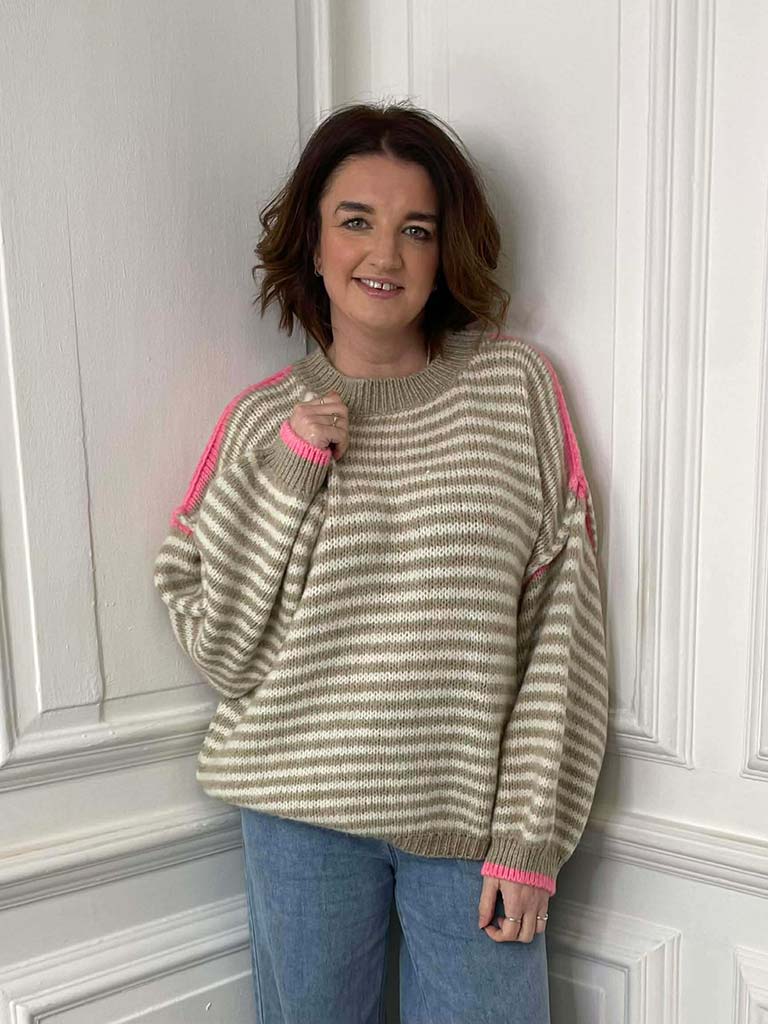 Neon Contrast Stripe Knit - Latte