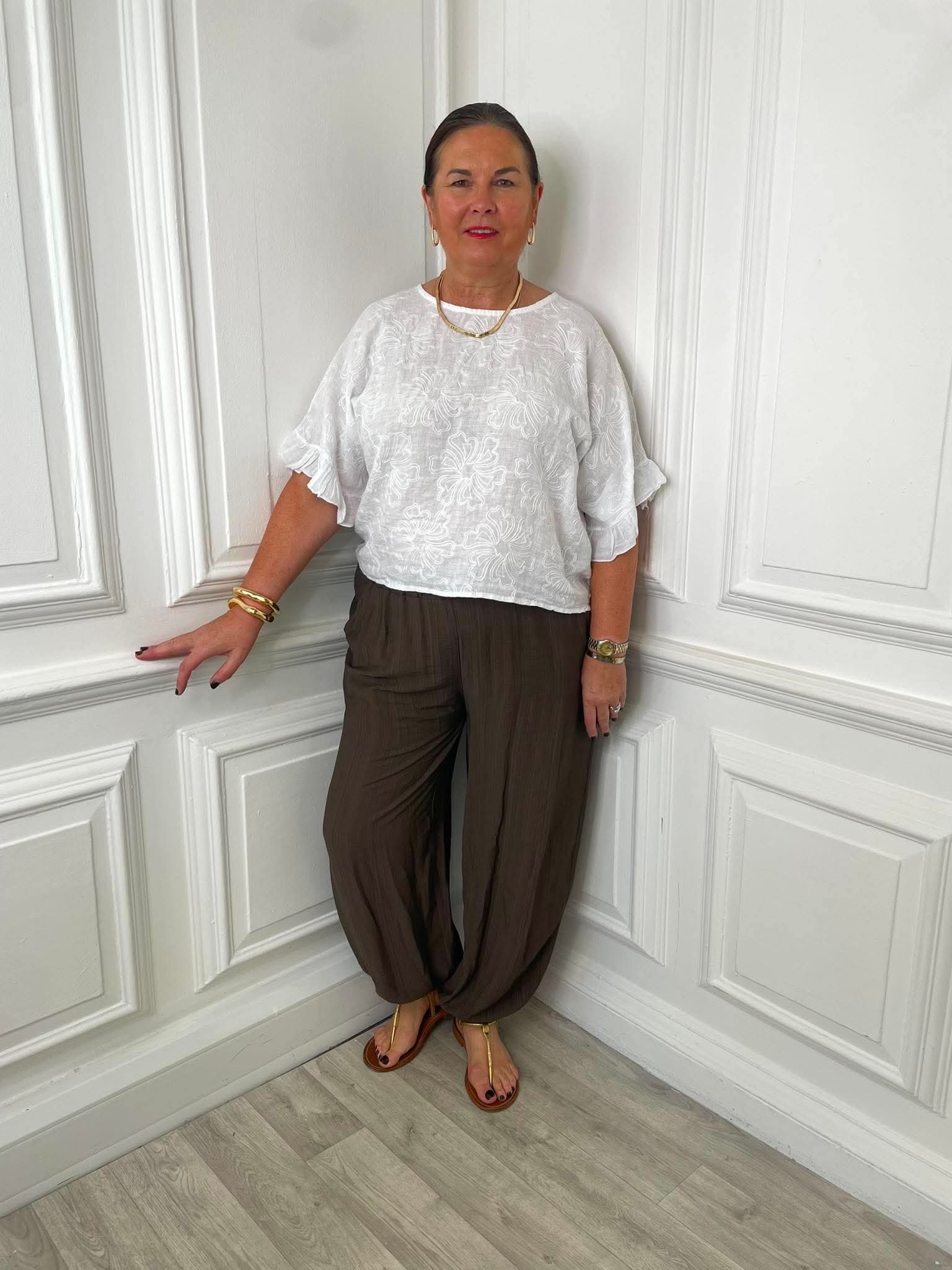 Linen Fiorita Stitch Top - White