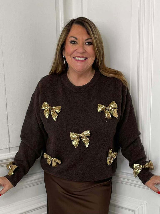 Gold Sequin Bow Knit - Chocolate