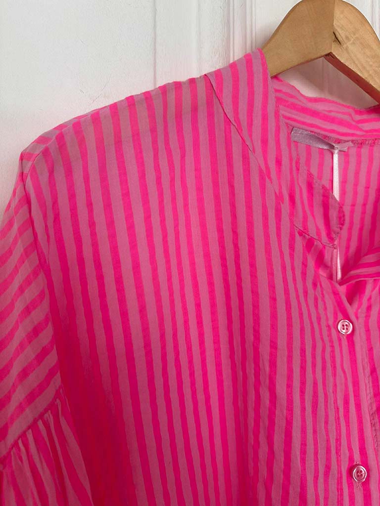 Balloon Sleeve Stripe Blouse - Neon Pink