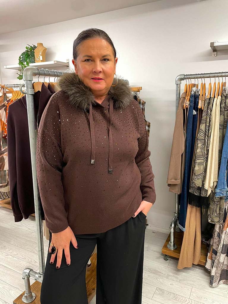 Malissa J Embellished Faux Fur Hoodie - Chocolate