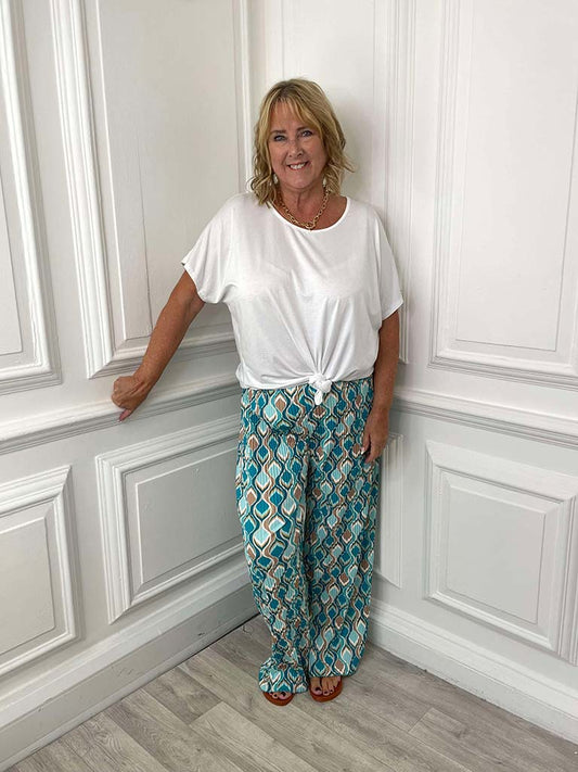 Wave Print Plissé Palazzos - Aqua
