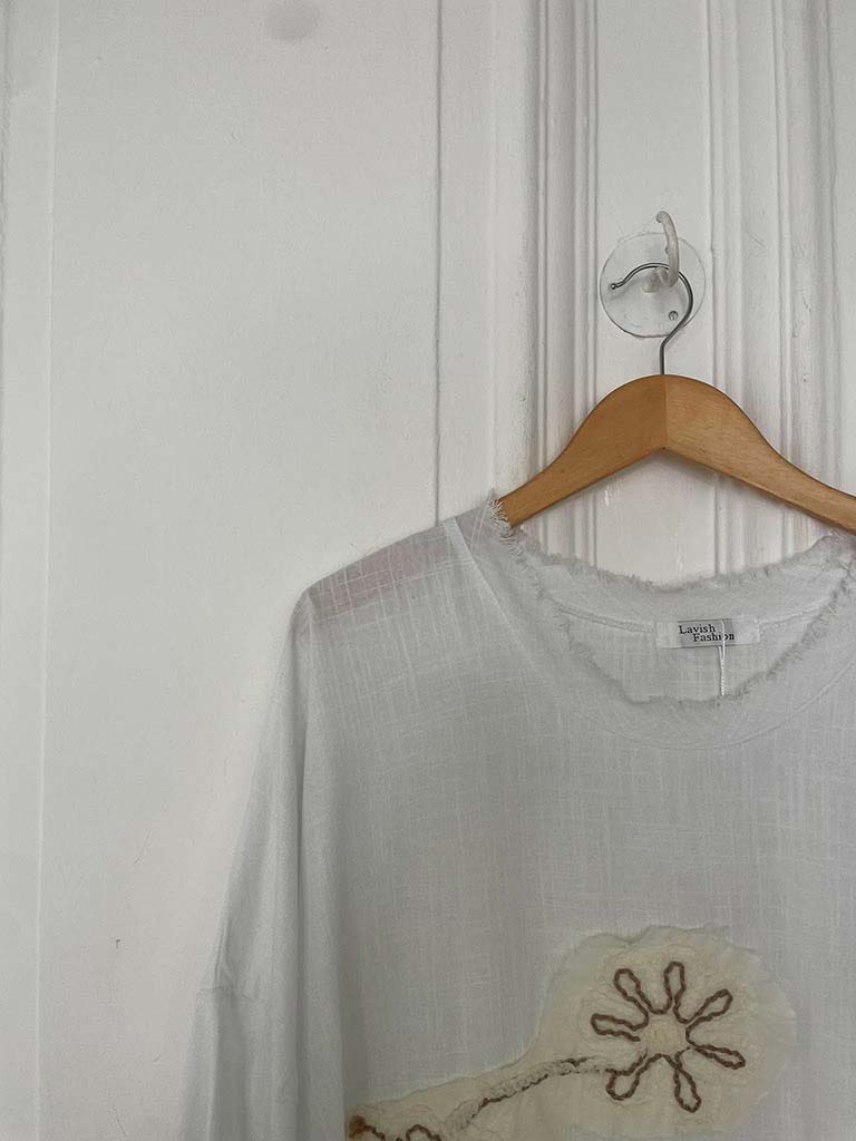 Flower Stitch Raw Edge Top - White