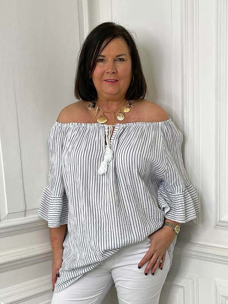 Seersucker Stripe Bardot Top - White