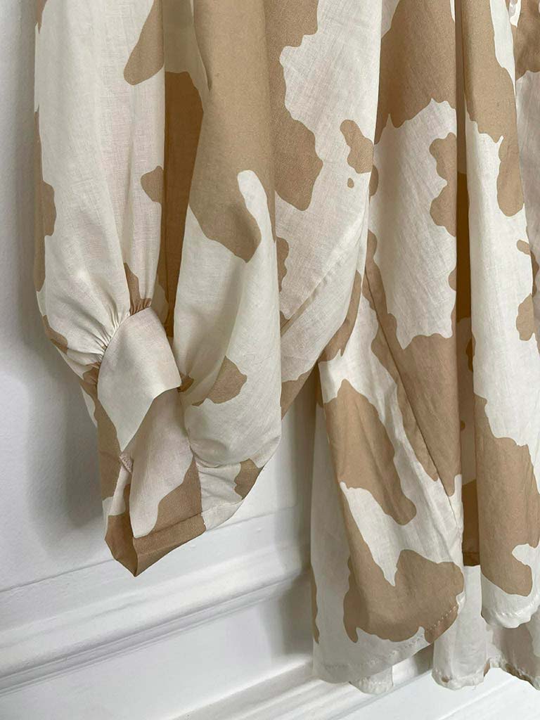 Balloon Sleeve Cow Print Blouse - Stone