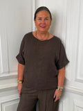 Linen Button Back Pocket Top - Chocolate