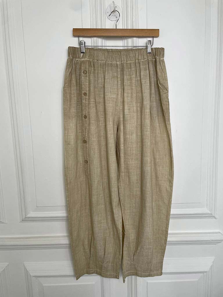 Cotton & Linen Pleat Cuff Trousers - Stone