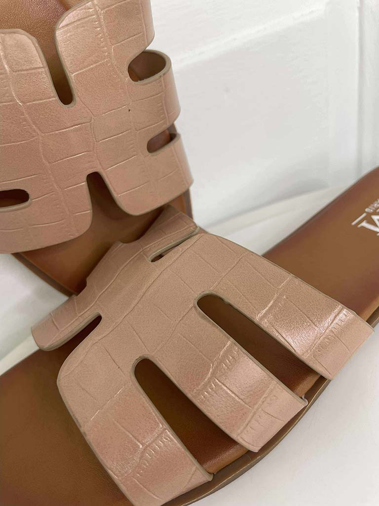 Faux Croc Mule Sandals - Nude