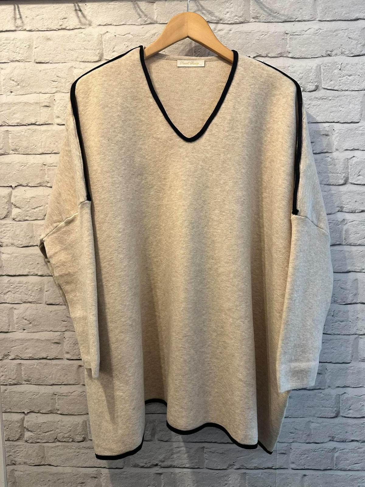 Contrast Edged V-Neck Knit - Stone Marl