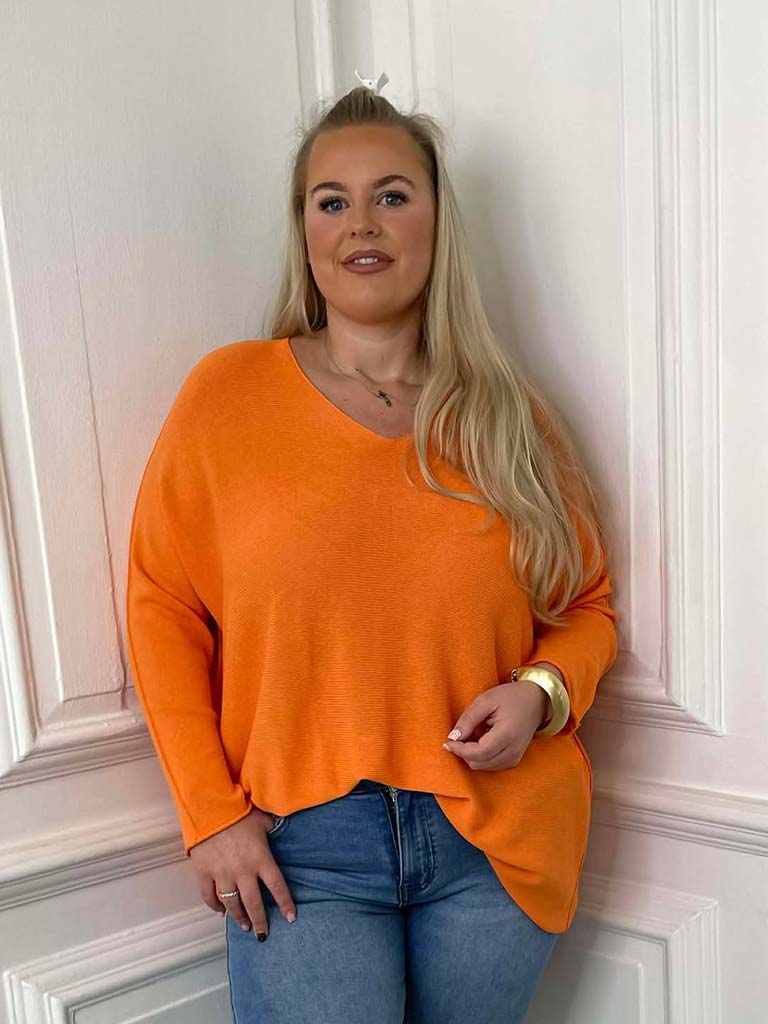 V-Neck Raw Edge Knit - Tangerine