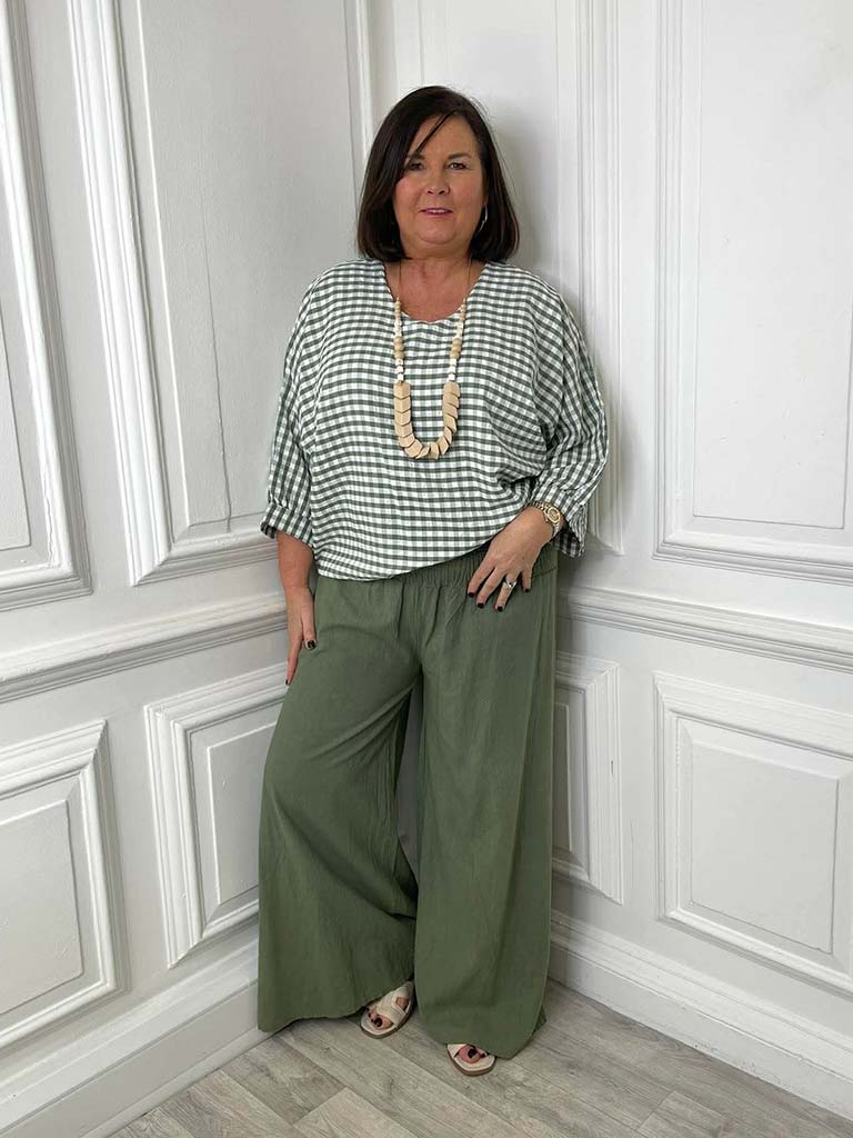 Gingham Gathered Hem Top - Khaki