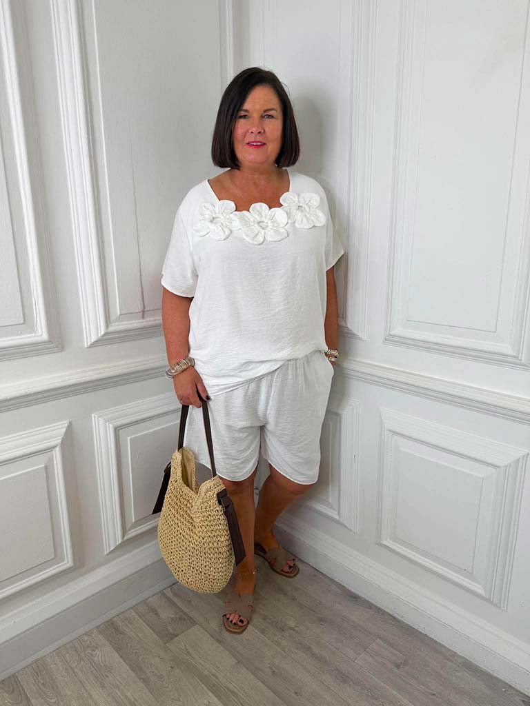 Flower Appliqué Shorts Co-ord - White