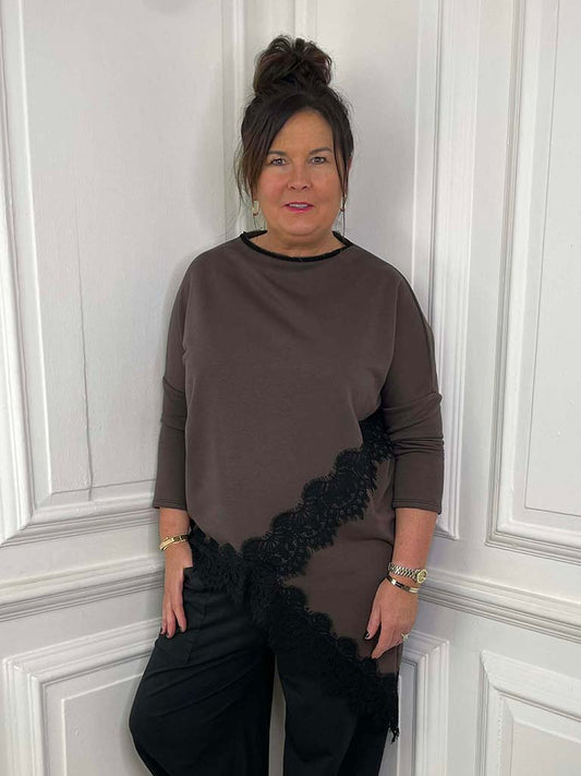 Lace Hem Asymmetric Top - Chocolate