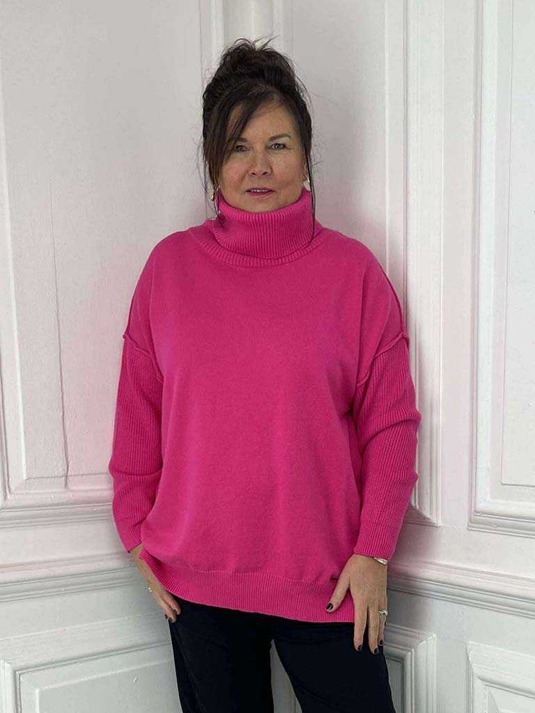 Malissa J Exposed Seam Polo Knit - Hot Pink