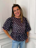 Polka Dot Puff Sleeve Top - Navy