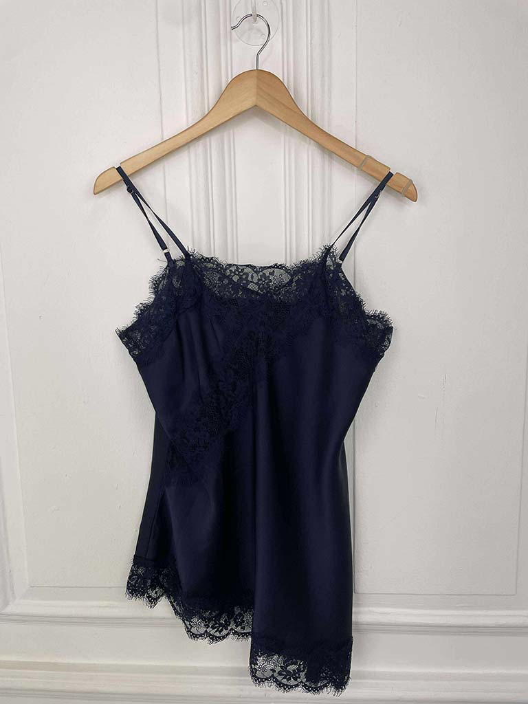 Lace Trim Asymmetric Cami Top - Navy