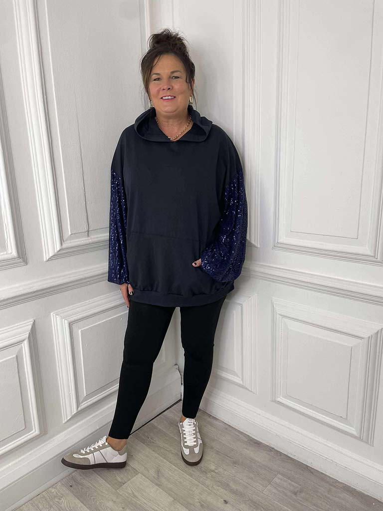 Sequin Sleeve Hoodie - Navy