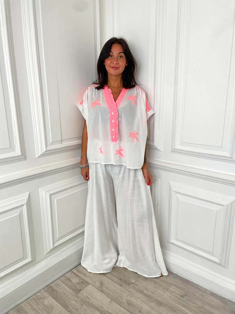 Palm Embroidered Cotton Top