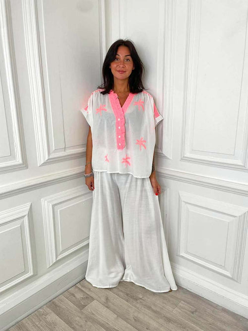 Palm Embroidered Cotton Top