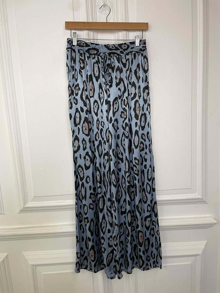 Leopard Silk Feel Palazzos - Dusty Blue