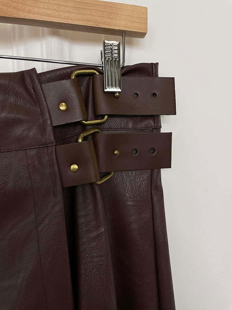 Faux Leather Buckle Skirt - Chocolate