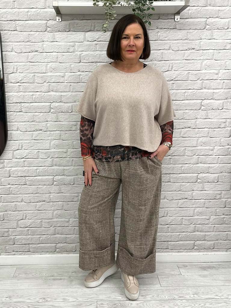 Turn Up Houndstooth Trousers - Latte