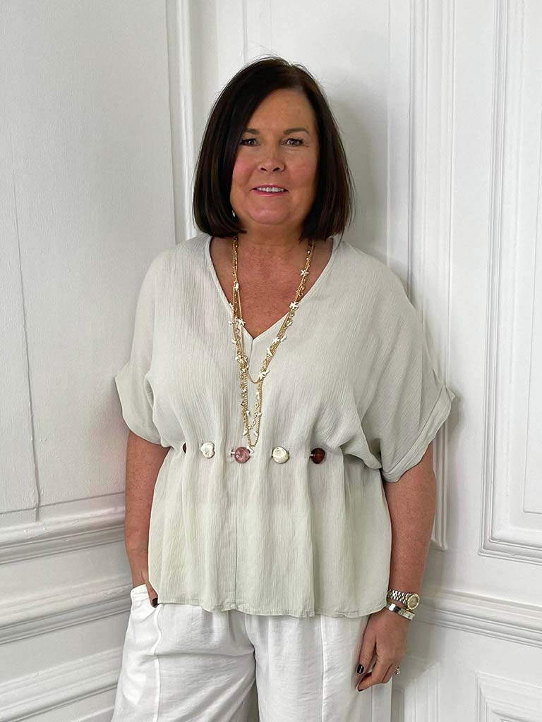 V-Neck Stone Drawstring Top - Stone