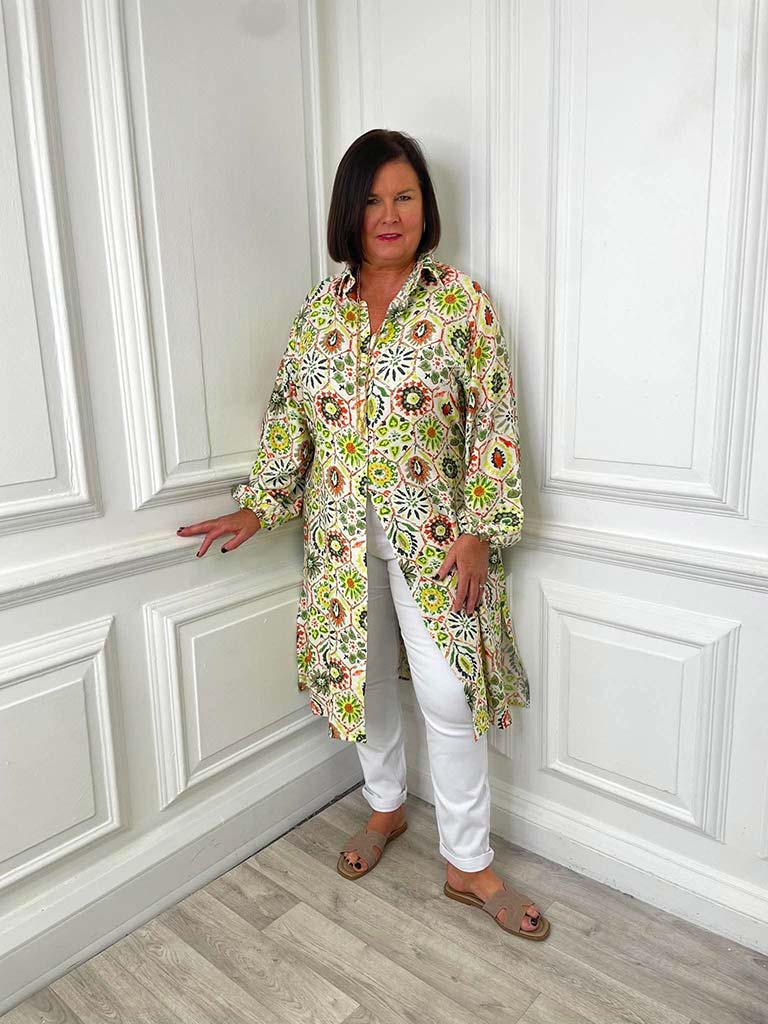 Floral Tile Print Shirt Dress - Kiwi & Orange
