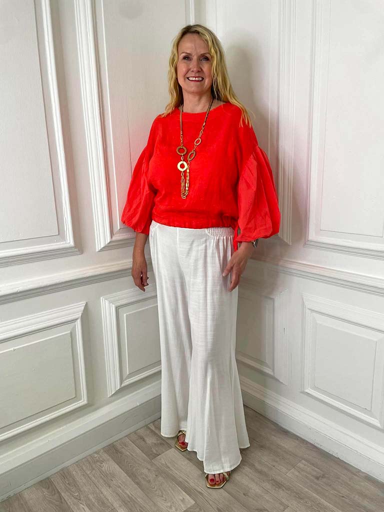 Linen Puff Sleeve Top - Blood Orange